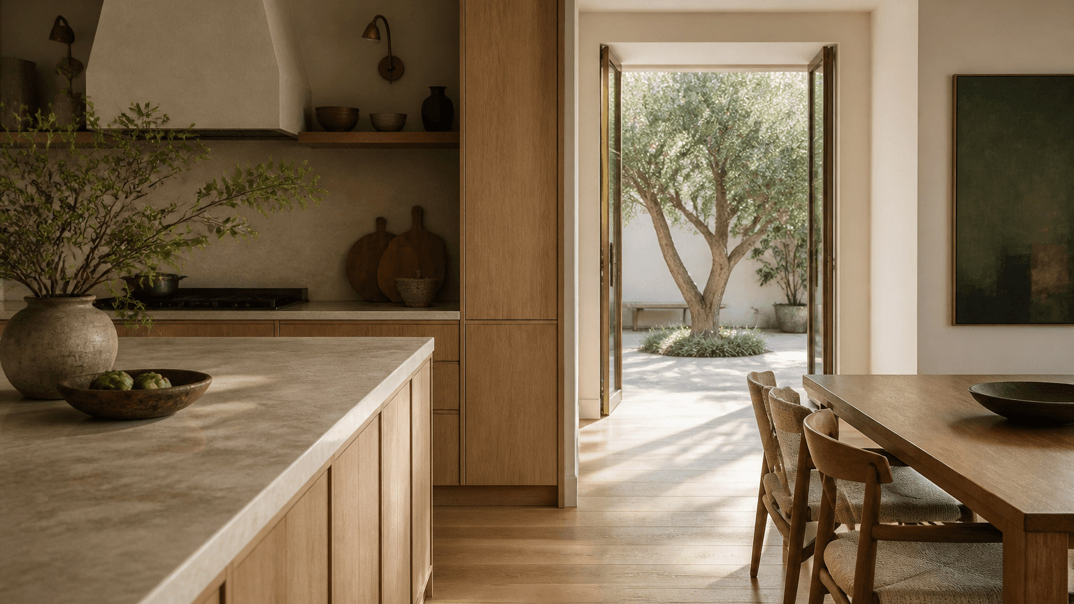 Open residential living space with plaster walls, oak joinery, and afternoon light across a linen sofa